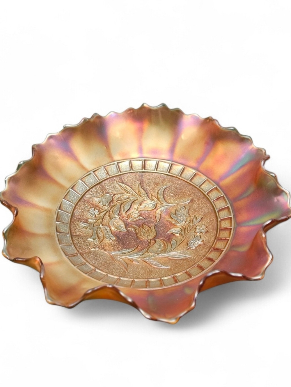 Carnival Glass Bowl By Dugan Glass Company Iridescent Ruffled